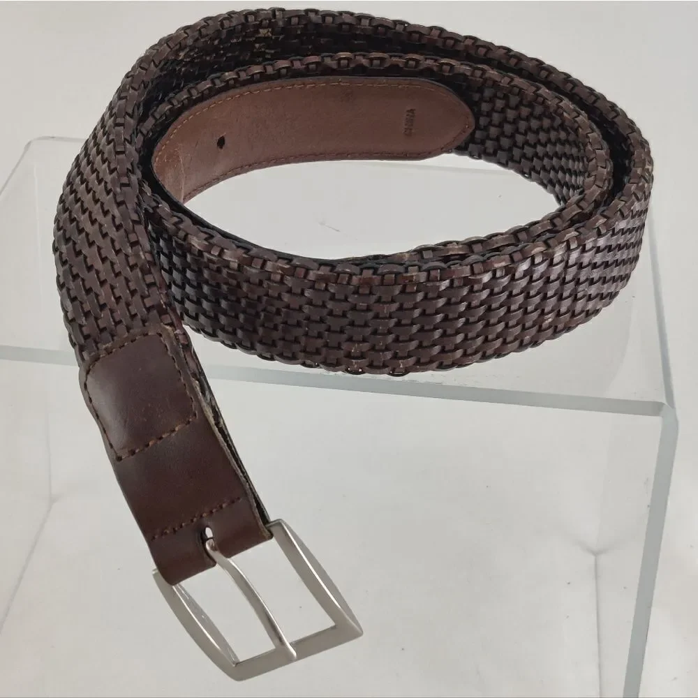 Woven genuine Leather Belt Sz 40 in Brown Square Buckle Heel Prong Silver Metal